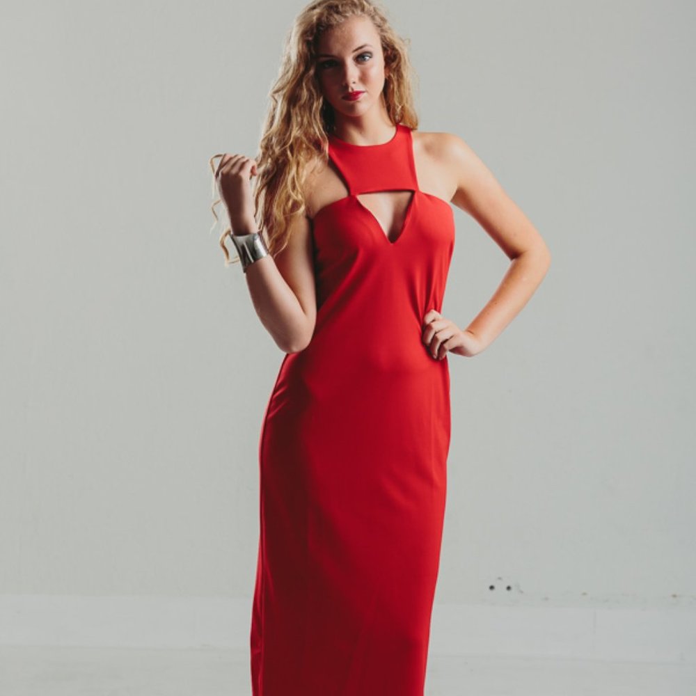 Vintage 70's Red Maxi Dress / Red Maxi Cutout Dress